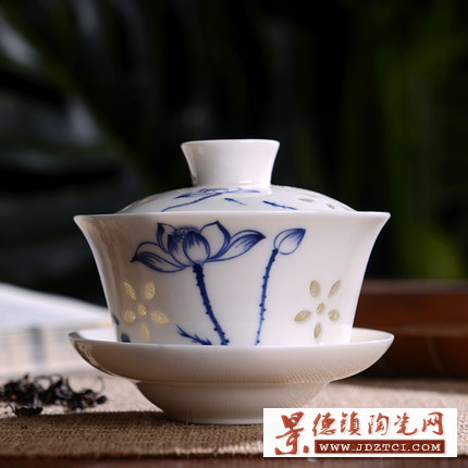 青瓷三才盖碗茶杯大号陶瓷功夫茶具手工泡茶碗 家用单个