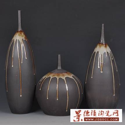 景德镇陶瓷摆件复古小花瓶三件套 客厅摆设陶瓷中式装饰瓶工艺品
