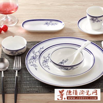 中式青花瓷星级酒店台面摆台 蓝边兰花酒店餐具套装 陶瓷盘碗