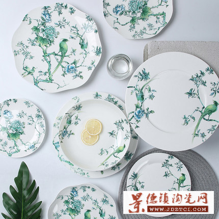 陶瓷菜盘 创意个性家用骨瓷盘子 绿孔雀家用餐具西餐盘碗碟