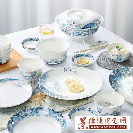 景德镇中国风青墨色骨瓷碗碟套装青花瓷餐具 家用陶瓷碗盘碗具