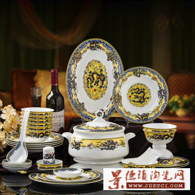 景德镇创意56头骨瓷碗碟 五彩龙中式餐具套装 商务会议礼品